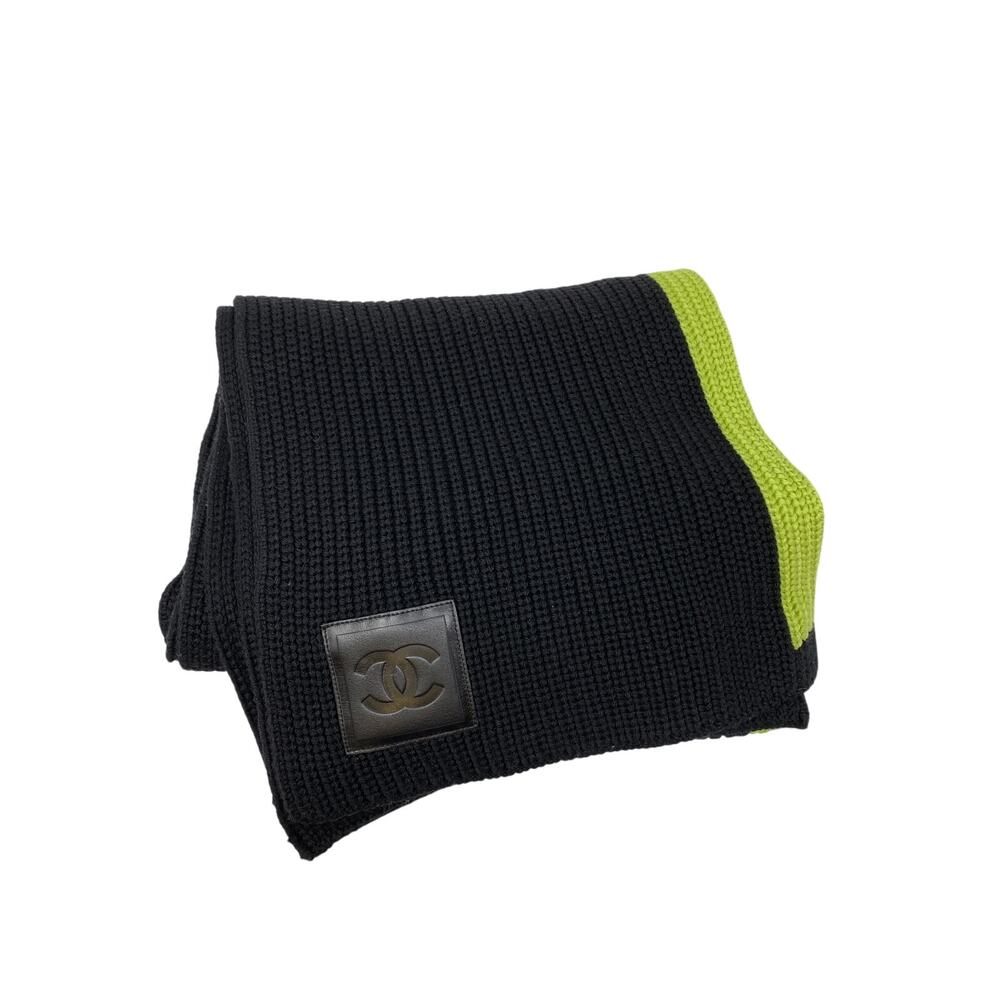 Chanel Chunky Sport Scarf Wool Silk Cashmere Black + Fluorescent Green